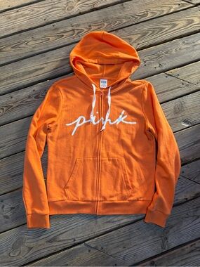 🍊Victoria's Secret PINK Logo Bright Orange Cozy Fleece Full Zip Hoodie -M-